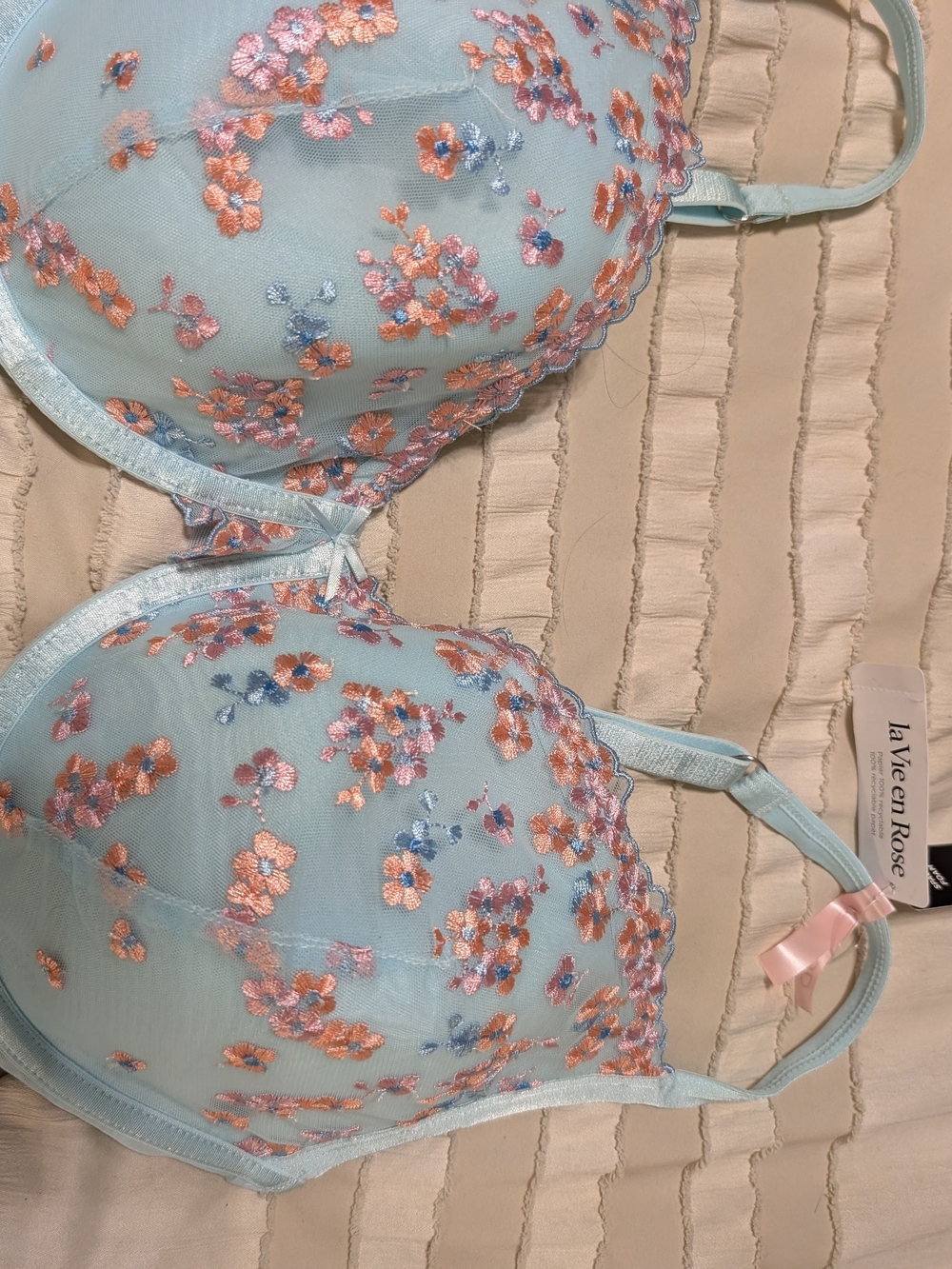La Vie En Rose Light Blue Embroidered Floral Bra with Pink & Peach Accents